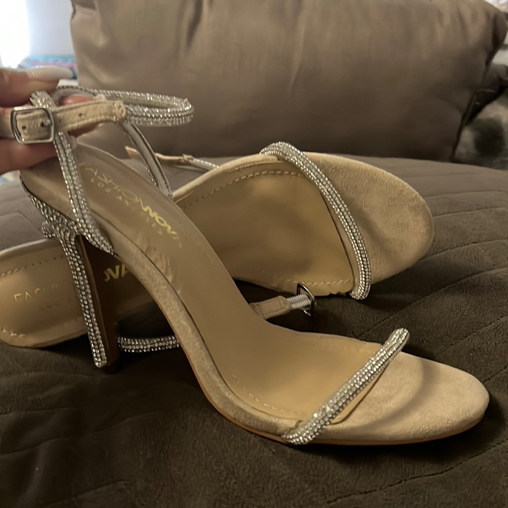 Gorgeous fashion Nova, tan and silver high heels size 6 shoes!